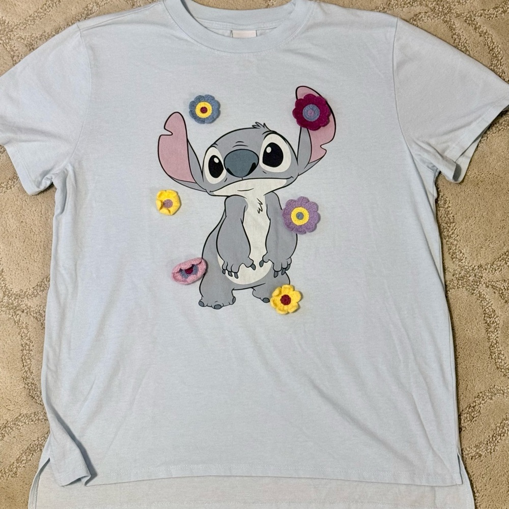 Disney Light Blue Stitch Tee with Colorful Flower Appliqués